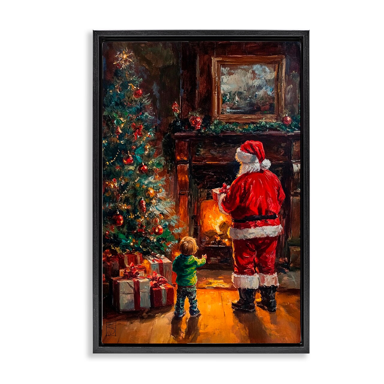 Stupell Industries Santa & Child by Fireplace Black Framed Floater Canvas Wall Art, design by Sara Culpepper